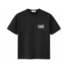 Black t-shirt with a logo on the chest against a white background