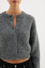 Gray knitted cardigan worn by a person on a white background